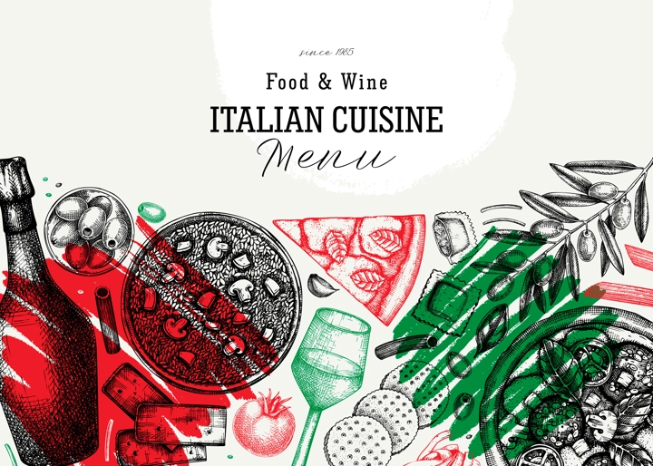 Hand drawn pizza, pasta, prosecco, risotto banner in collage style. Italian food and drinks vector background. Mediterranean cuisine ingredients illustrations. Modern restaurant menu design template.